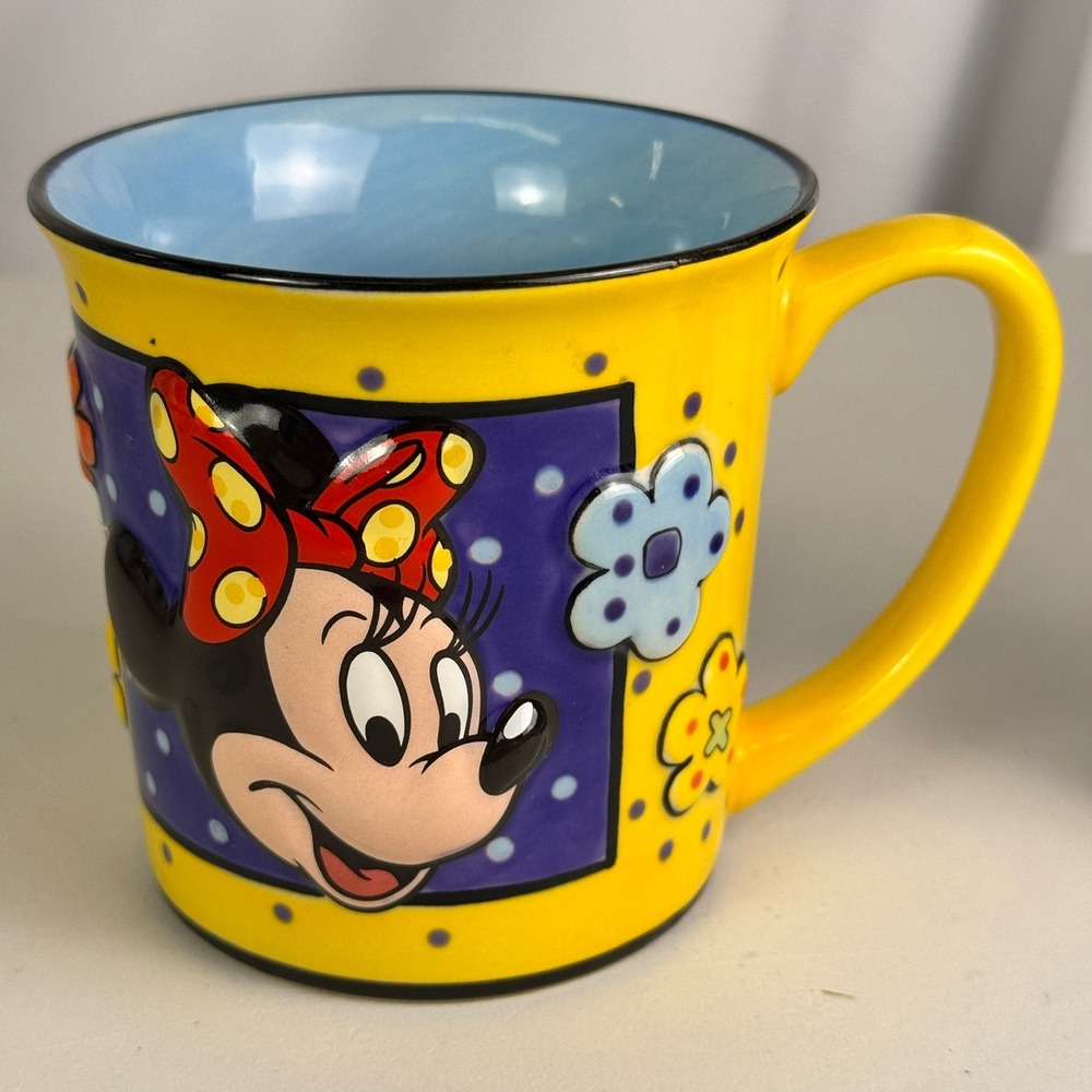 Disney Store Minnie Mouse Coffee Mug Yellow 3D Embossed Polka Dot Floral Ceramic